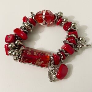 Red Beaded Stretch Bracelet Silver Tone Charms